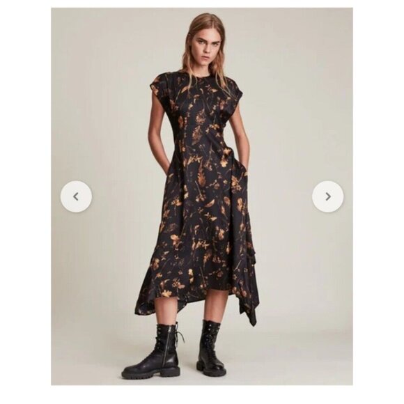 Allsaints Gianna Heligan midi dress handkerchief hem Silk Blend Women’s Sz 6 NEW - Picture 2 of 16